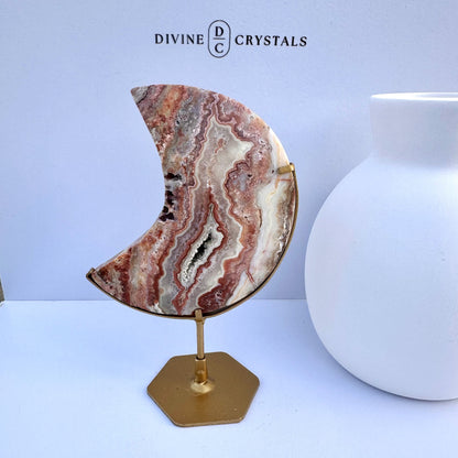 Crazy Lace Agate Moon on Stand
