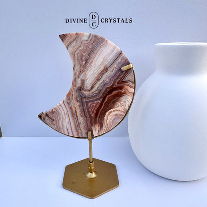 Crazy Lace Agate Moon on Stand