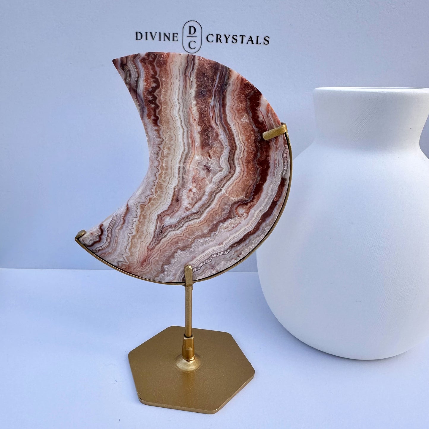 Crazy Lace Agate Moon on Stand