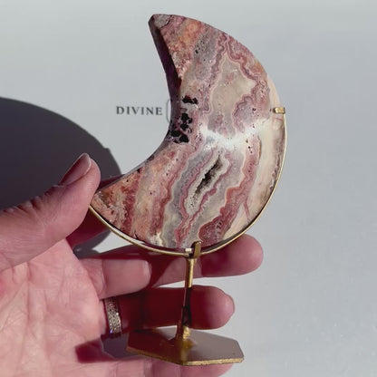 Crazy Lace Agate Moon on Stand