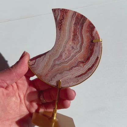 Crazy Lace Agate Moon on Stand